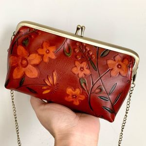 Handmade Genuine Leather Floral Embossed, Kiss-lock Small Clutch/Phone Case
